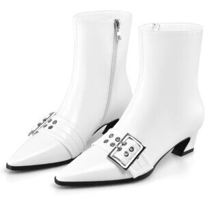✨Women White Buckle Ankle Boots Kitten Low Heel Eyelet Sexy Pointy Toe Booties